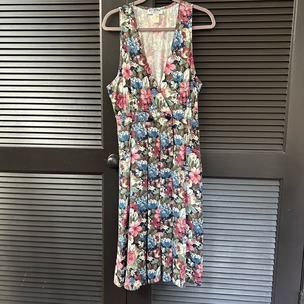 Vintage Cottagecore Pinafore Dress, Dark Floral Print, RJ Stevens Petites Size12